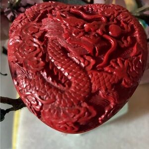 Red Dragon Heart-Shaped Carved cinnabar box